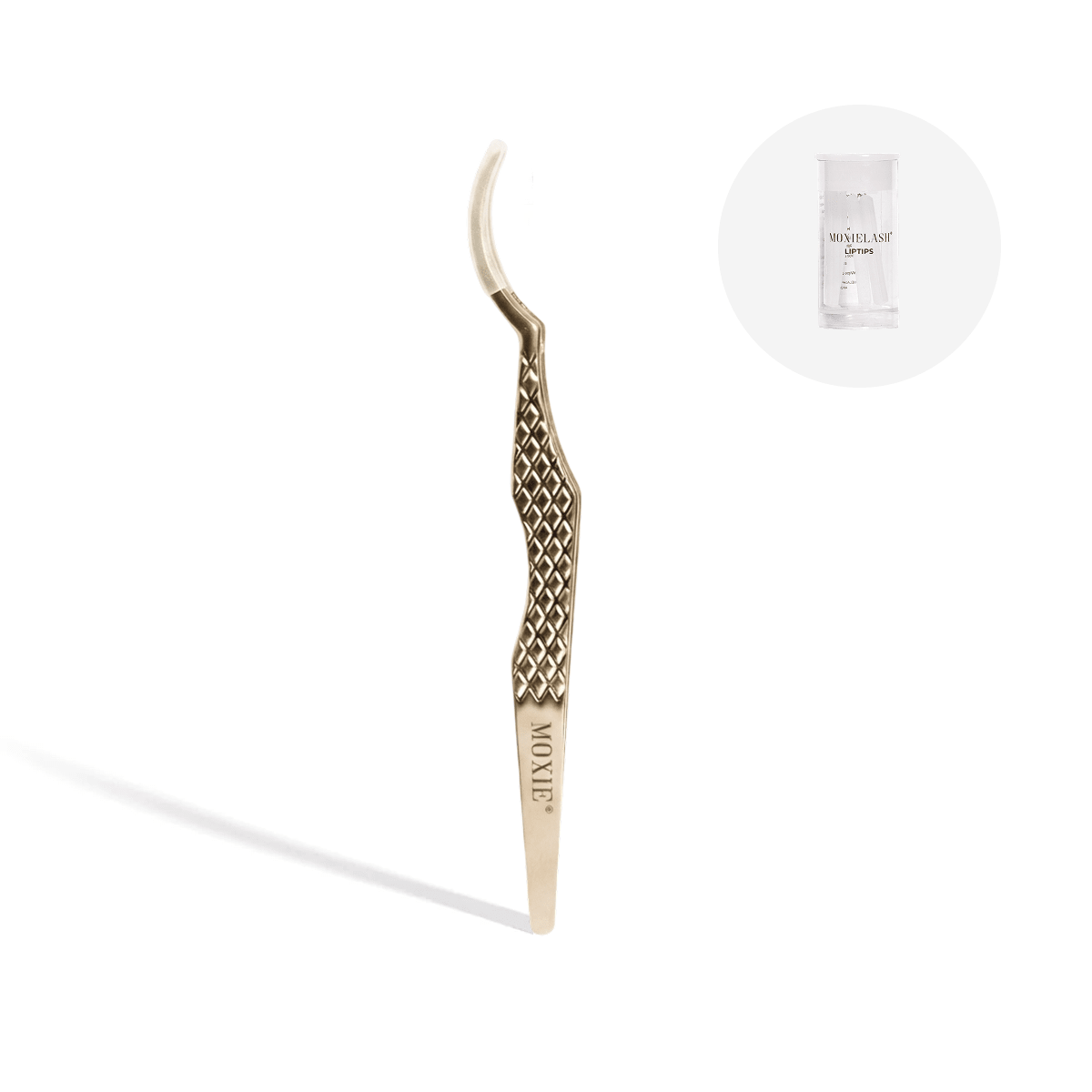 Gold-colored eyelash extension tool with 'Moxie' branding on a white background