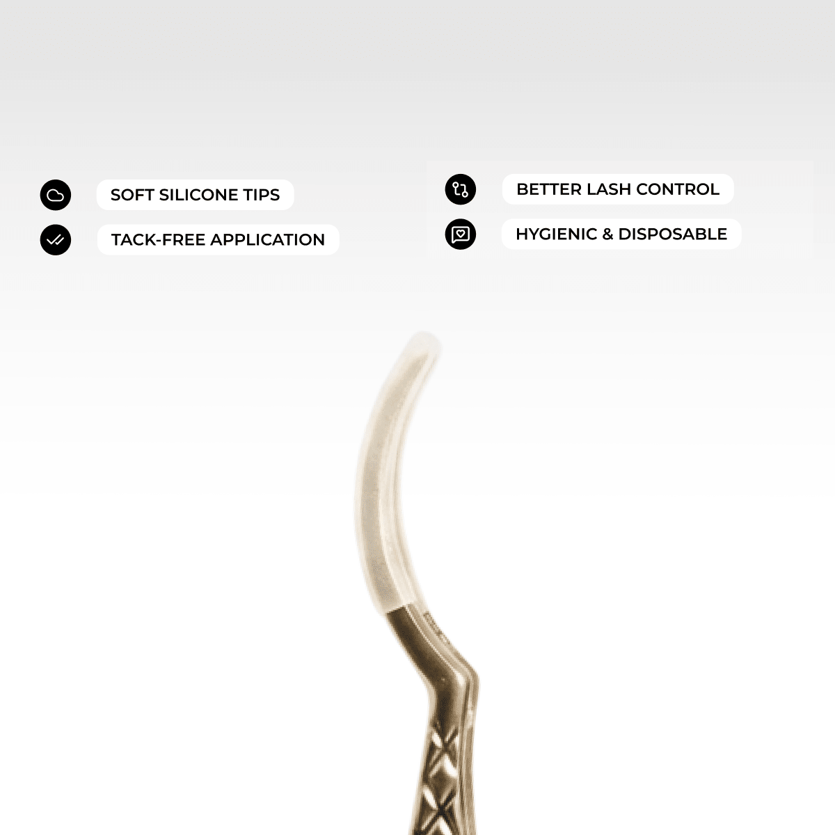 Eyelash extension tool with features listed on a white background